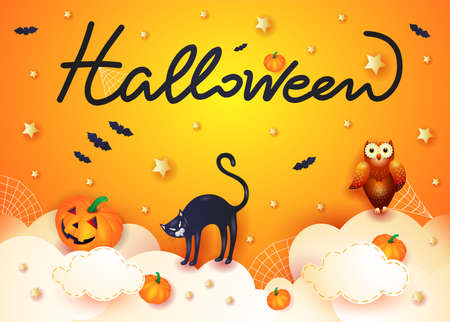 Halloween background with cat, pumpkin, owl and text on orange. Vector illustration eps10のイラスト素材
