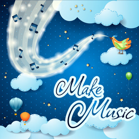 Make music, fantasy illustration on sky background with bird and song. Vectorのイラスト素材
