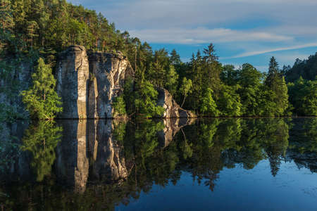 Pond Vezak with big rocks in sunsetの写真素材