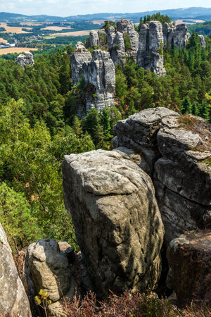 One of the most beautiful views of Hruboskalsko, showing the perfect stone beauty of the sandstone towers, is the view of Kapela.の写真素材