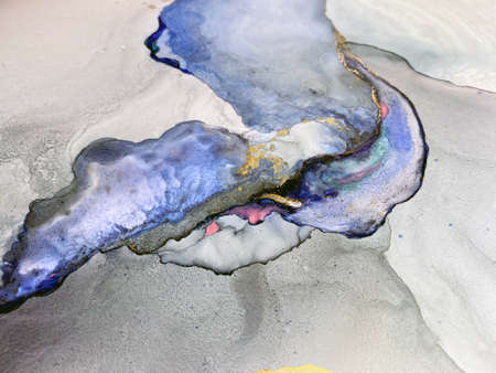 Pink, violet and blue abstract background made with alcohol ink and golden pigment, resembles...