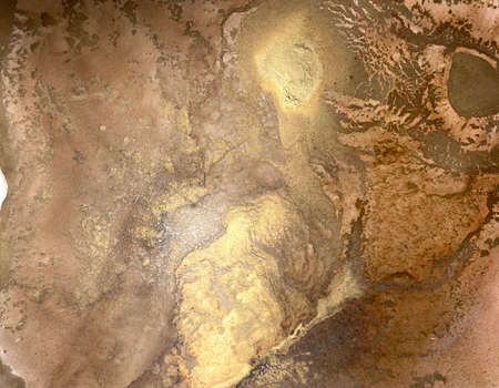 Abstract pink-brown background with gold. Beautiful smudges made with alcohol ink. Fragment of art with golden texture resembles stone or watercolor and aquarelle painting.の写真素材