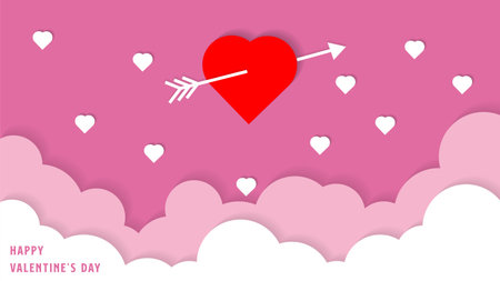 love arrow Valentines day of paper art design with clouds, paper cut style vector pastel line background illustrationのイラスト素材