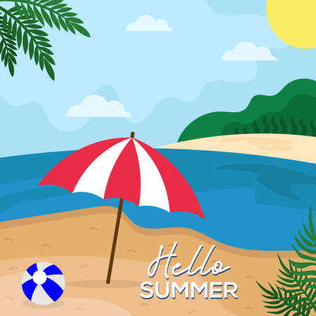 hello summer flat design, paradise beach design illustration templateのイラスト素材