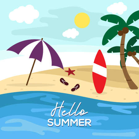hello summer flat design, paradise beach design illustration templateのイラスト素材
