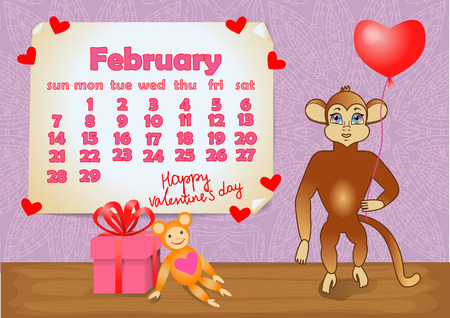 Calendar 2016 year with Monkey. Februaryのイラスト素材