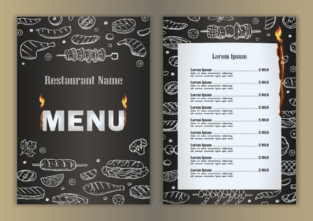 Restaurant menu with grill- barbecue hand drawn doodle elementsのイラスト素材