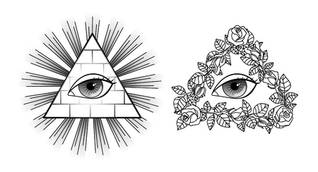 Set All seeing eye, pyramid, light and rosesのイラスト素材