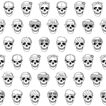 Seamless pattern hand drawn skulls with hatsのイラスト素材