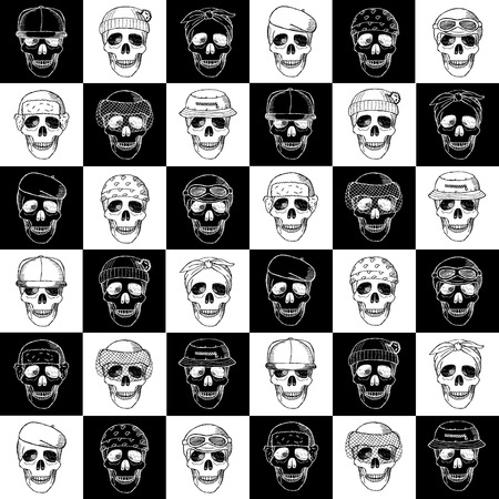 Seamless pattern hand drawn skulls with hatsのイラスト素材