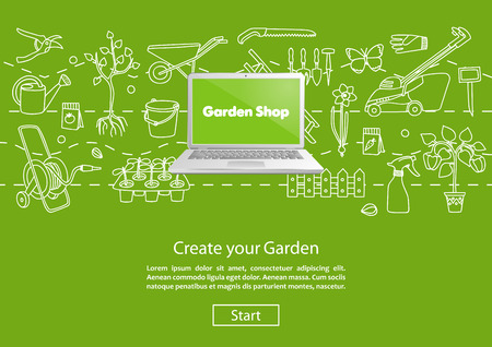 Garden shop.  Concept website template. Modern outline design. Online garden shopping. Garden elementsのイラスト素材