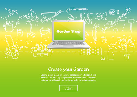 Garden shop.  Concept website template. Modern outline design. Online garden shopping. Garden elementsのイラスト素材