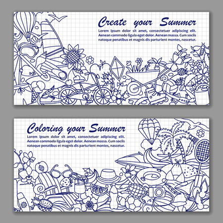 Vector illustration of fliers with hand drawn doodle summer elements in squared paperのイラスト素材