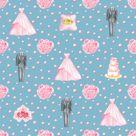 Seamless hand drawn pattern with watercolor Wedding elements isolated on blue backgroundの写真素材