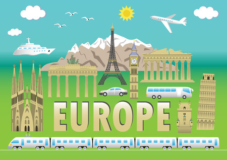 European landmarks and transports. Vector illustration with travel elements. Landmarks of european countries  France, Germany, GB, Italy, Spain, Greece, Portugalのイラスト素材