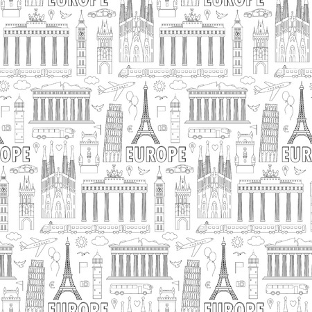 European landmarks and transports seamless pattern. Vector illustration with travel elements. Landmarks of european countries  France, Germany, GB, Italy, Spain, Greece, Portugal,  Czechのイラスト素材