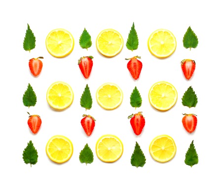 Lemon with mint and strawberry closeup pattern. Mojito ingredients background.の写真素材