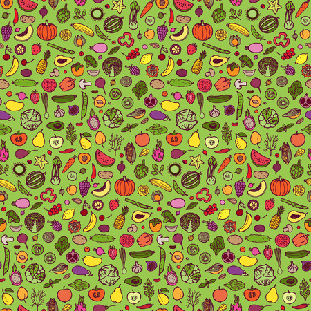 Seamless pattern with hand drawn vegetables and fruits elements on green backgroundのイラスト素材