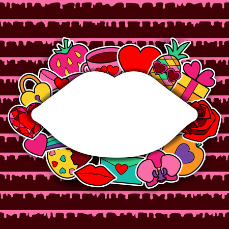 Mock up of Greeting card with hearts, flowers and love objects. Fashion patches. Scrapbook frameのイラスト素材