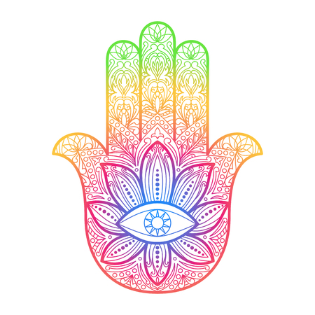Ornate  hamsa. Hand of Fatima. Arabic, Indian and Jewish amulet. Colorful sign for tattoo, textile prints, mascotsのイラスト素材
