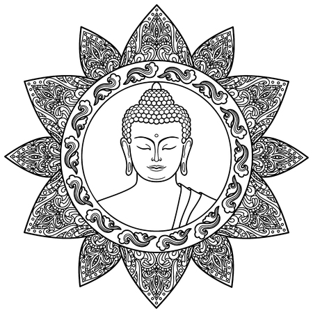 Buddha head with floral decoration. Sign for tattoo, textile print, mascots and amulets. Black and white coloring pageのイラスト素材