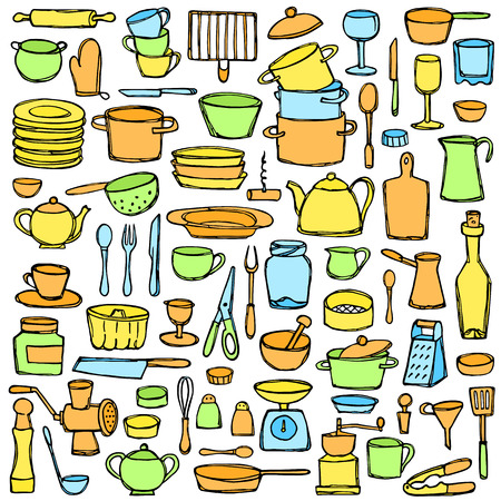 kitchen doodles. Colorful page. Sketch of kitchen objects and equipmentのイラスト素材