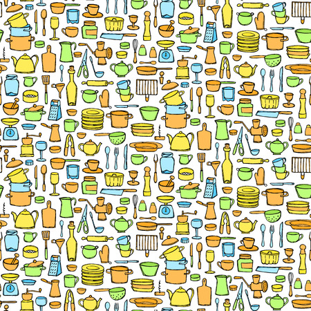 Seamless pattern of  kitchen doodles. Colorful page. Sketch of kitchen objects and equipment wallpaperのイラスト素材