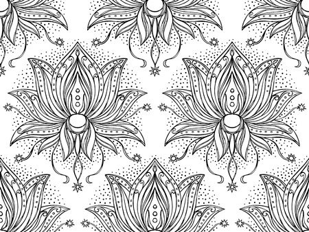 doodle Lotus seamless pattern. Floral symbol for amulets, textile prints, coloring pageのイラスト素材