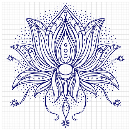 doodle Lotus. Floral symbol for amulets, textile prints, tattoos, coloring page. Sketch on squared paper.のイラスト素材