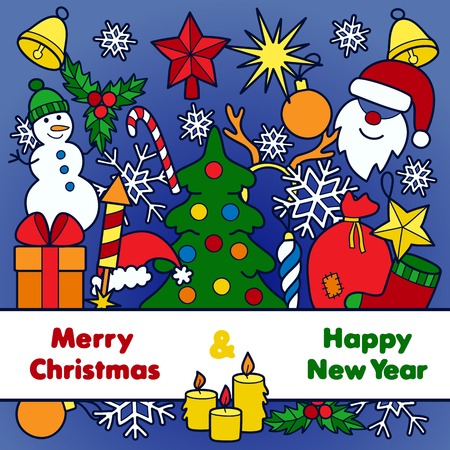 Christmas and New Year Greeting Card with Colorful Patches. Stickers New Year collection. Merry Christmas and Happy New Year.のイラスト素材