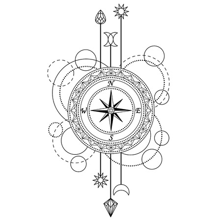 Abstract techno pattern with compass and geometric elements on white background. Modern tattoo symbol. Coloring pageのイラスト素材