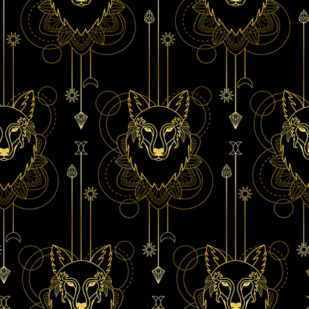 Abstract techno seamless pattern with gold wolf and geometric elements on blackのイラスト素材