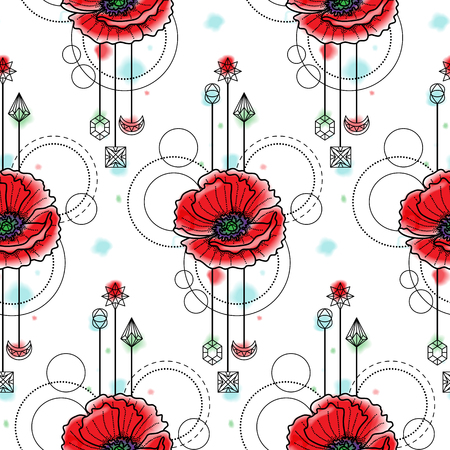 Watercolor Poppy Seamless Patternのイラスト素材