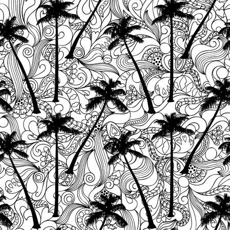 Palm and Doodle Seamless Pattern on a white backgroundのイラスト素材
