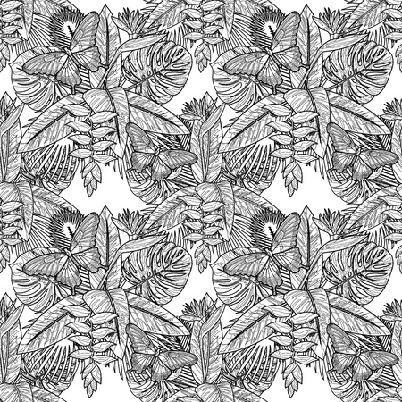 Sketched tropical Bouquet Seamless Pattern.のイラスト素材
