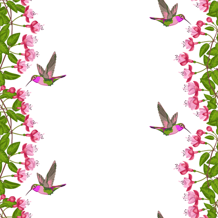 Fuchsia and Hummingbird Seamless Borderのイラスト素材