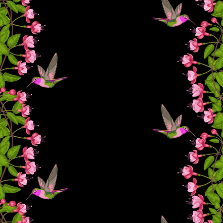 Fuchsia and Hummingbird Seamless Borderのイラスト素材