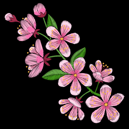 Cherry blossom embroidery pattern. Needlework textile decor isolated on black backgroundのイラスト素材