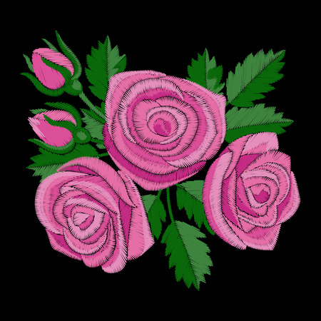 Roses embroidery composition. Needlework textile decor on black backgroundのイラスト素材