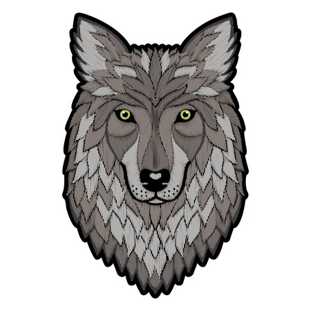 Embroidery wolf colorful head. Needlework patch of animal sign on white background.