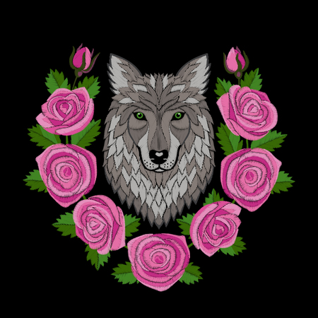 Wolf and Roses Embroideryのイラスト素材