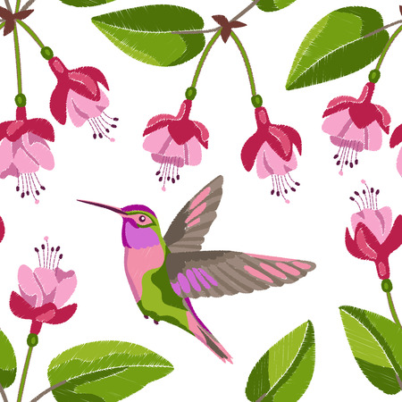 Fuchsia and hummingbird embroidery seamless patternのイラスト素材