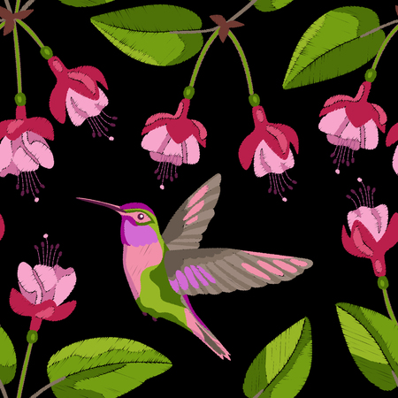 Fuchsia and hummingbird embroidery seamless patternのイラスト素材