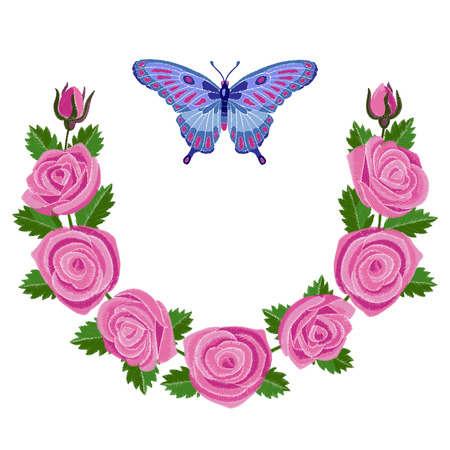 Roses and Butterfly Embroidery Compositionのイラスト素材