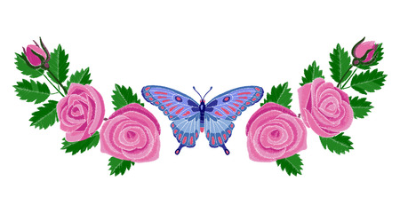 Roses and Butterfly Embroidery Compositionのイラスト素材