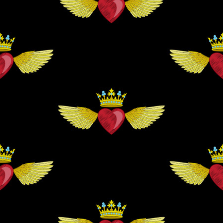Heart and Wings Embroidery Seamless Patternのイラスト素材