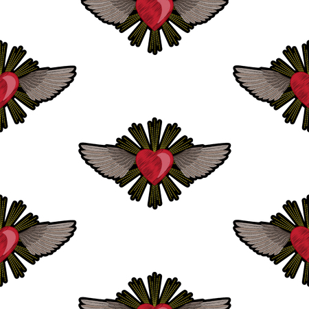 Heart and Wings Embroidery Patch Seamless Patternのイラスト素材