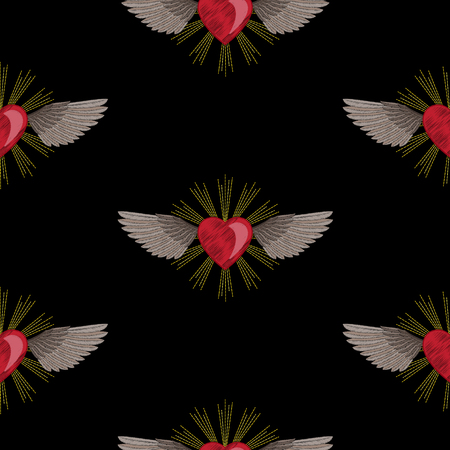 Heart and Wings Embroidery Seamless Patternのイラスト素材