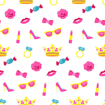 Girl embroidery seamless pattern. Colorful needlework wallpaper isolated on white background. Fashion textile print.のイラスト素材