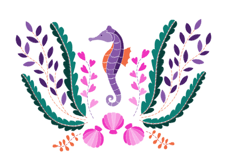 Seahorse, seaweed and shell embroidery pattern on white background. Fashion marine composition, textile print.のイラスト素材